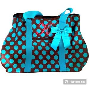 Blue & Brown polka dotted tote bag, embroidered pink “K” with bow, lined